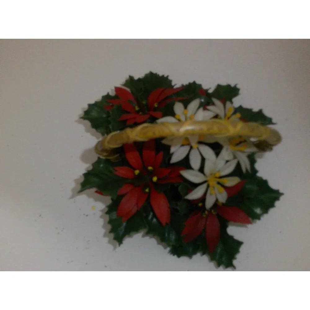 Vintage 1960s Poinsettias Arrangement in Wicker Basket Plastic 8 inch